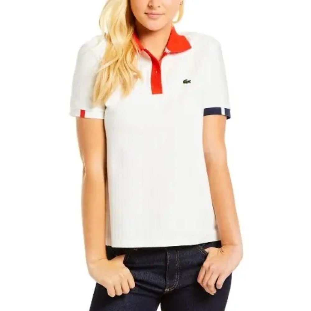 Lacoste Made in France White Textured Polo Shirt Red Collar Size 38, US 6-8 Rare
